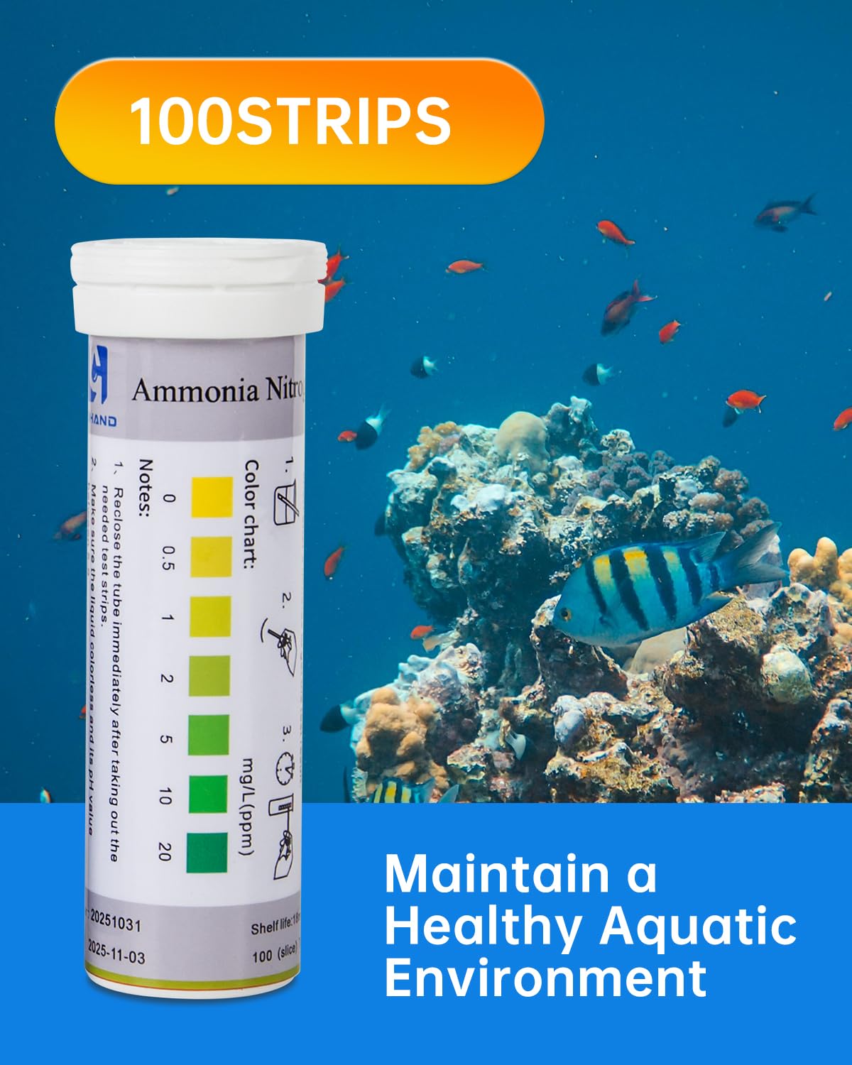 0-20 ppm Ammonia Test Strip, 100Strips, Contains 6ml Activator, Accurate Readings, Easy to Use, Ammonia Test Kit for Fish Tanks, Ponds, Aquaculture, Freshwater Aquarium - image 3