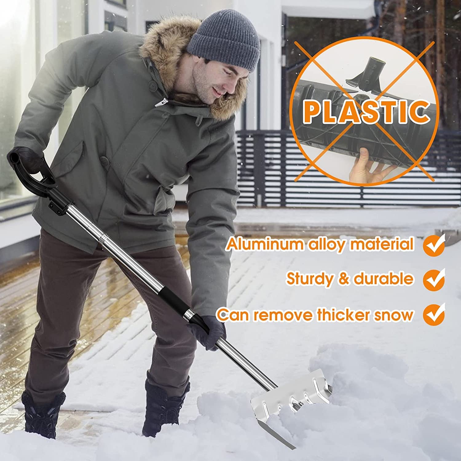 Pala de Nieve de Aluminio, 42 * 32cm Pala Quita Nieve con Borde Reforzado de Acero Inoxidable y Aluminio con Mango en D