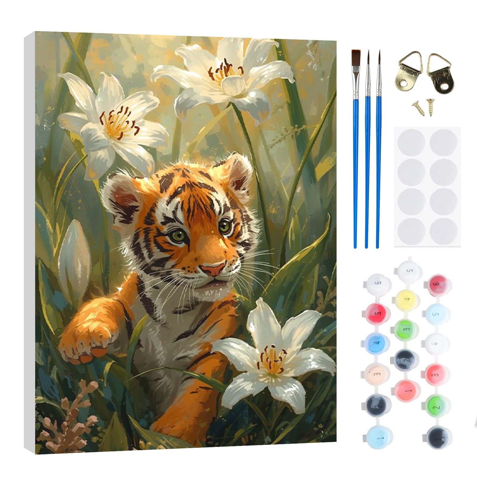 RICUVED DIY Cute Tiger Paint by Numbers for Adults -Animal Canvas Oil Painting Kits,Craft Art Painting with Wooden Frame Kit Acrylic Pigment Drawing Paintwork for Gift Home 20x30cm