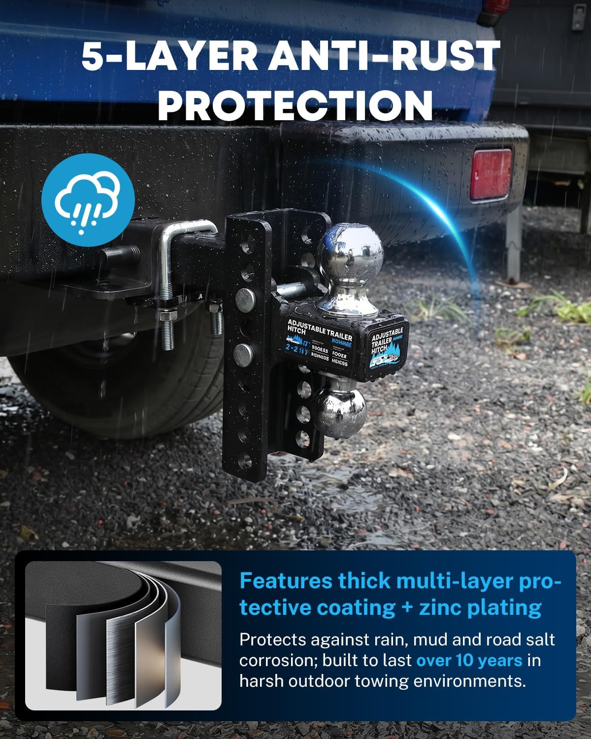 Kohree Adjustable Trailer Hitch for 2-Inch Receiver, 22,000 LBS GTW, 6-Inch Drop/Rise Hitch with 2" & 2-5/16" Balls, Anti-Rattle Tow Hitch, Anti-Theft Pin, Heavy Duty G80 Steel Ball Mount, Black