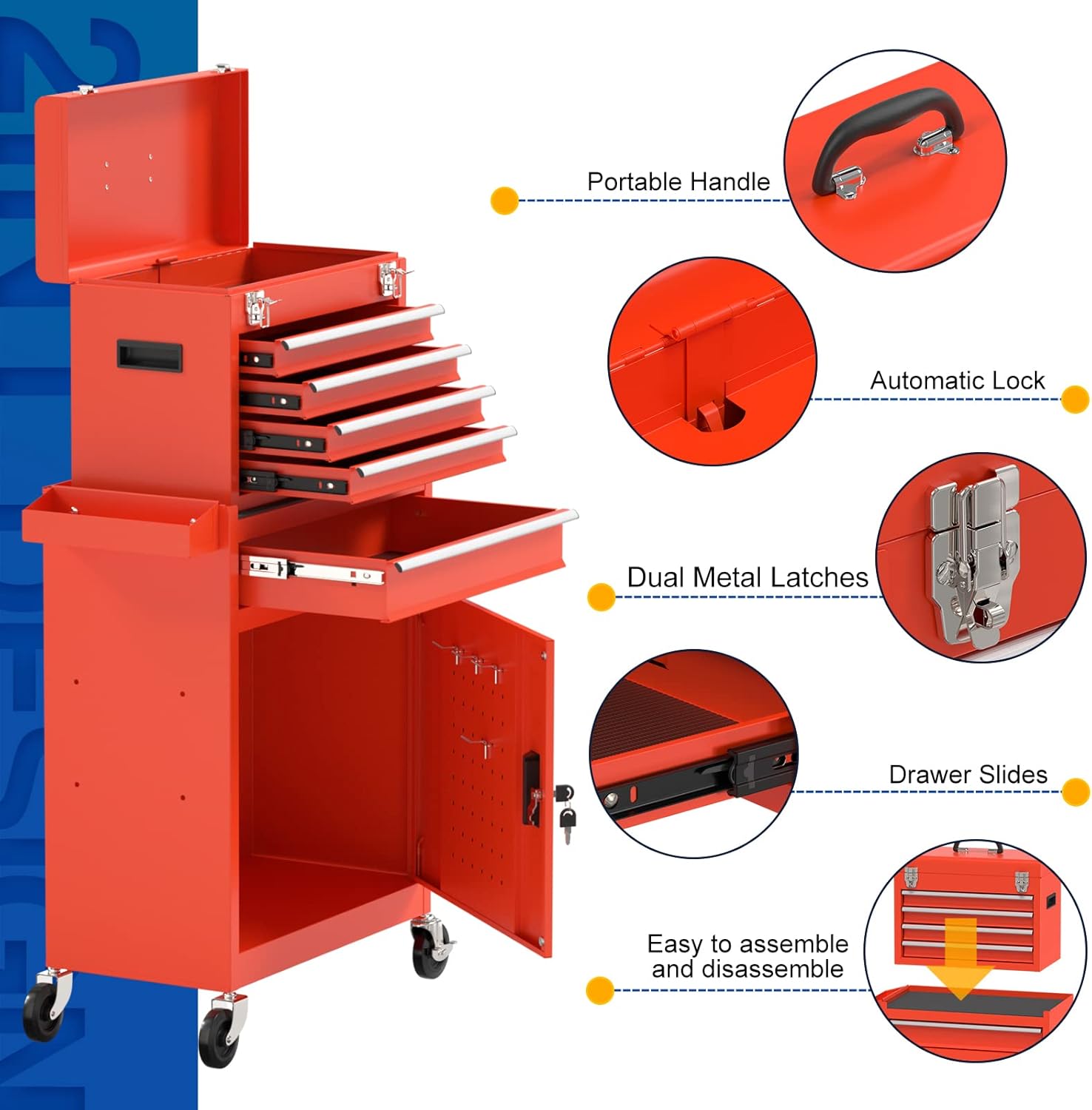 5-Drawer Rolling Tool Chest, Removable Tool Box with Wheels and Drawers, Tool Storage with Tray and Cabinet Organizer for Garage, Workshop, and Warehouse (Red)