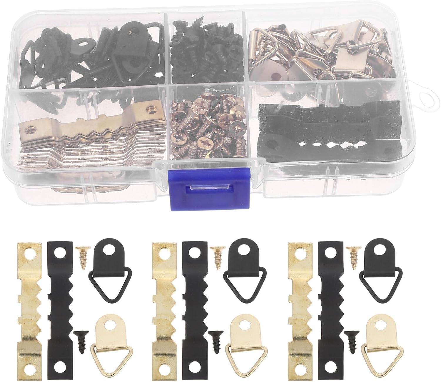 Gatuida 250pcs Heavy Duty Picture Hanging Kit with Saw Tooth Hooks, Triangle Rings, Black Gold Screws and Screwdriver – Wall Picture Hanging Hardware for Frames, Photos, Paintings, Artwork