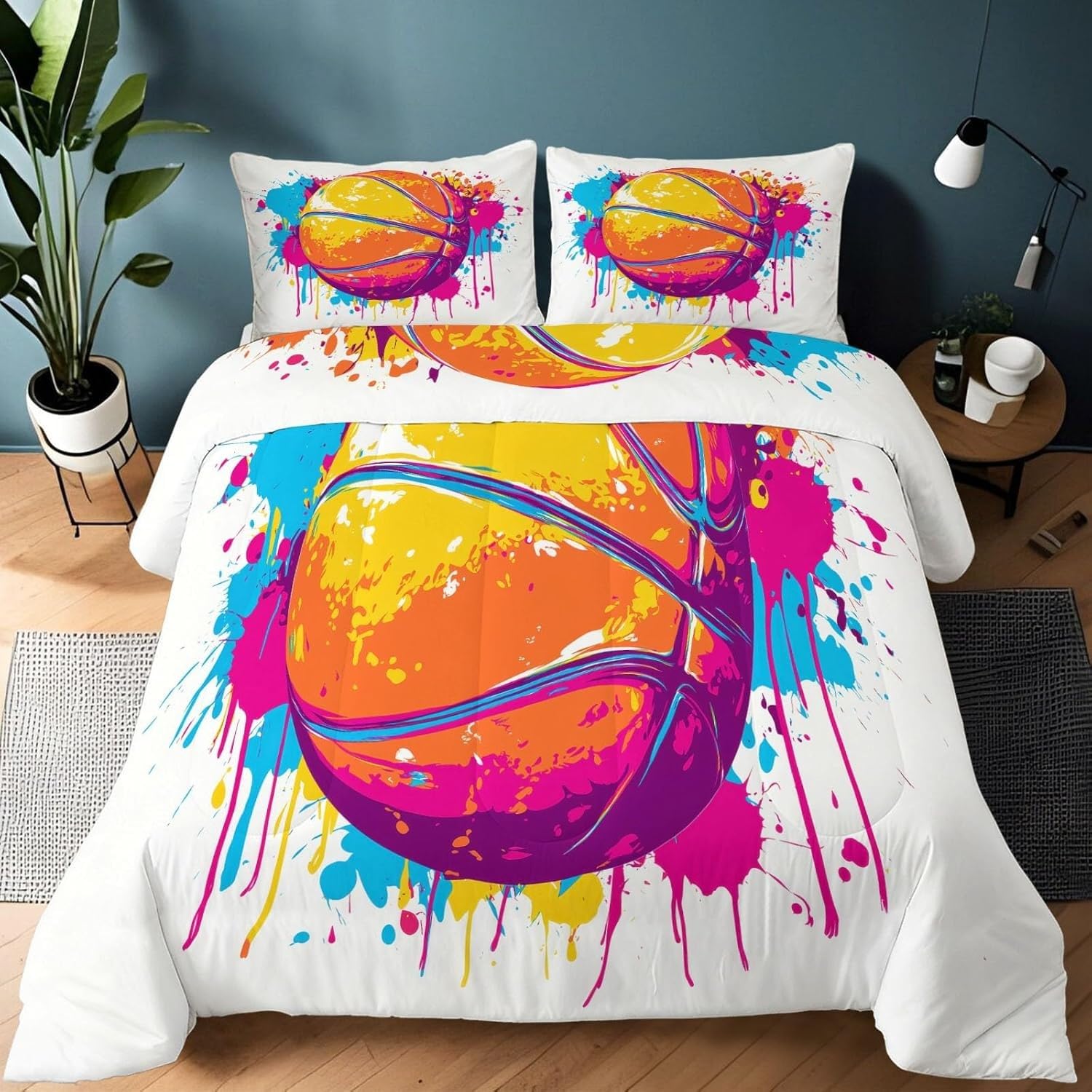 Koszykówka Kołdra 200 x 200 cm Drukuj Kołdra 4 Pory Roku Miękka, Ciepła i Oddychająca Dwustronna z 2 poszewkami na poduszki (50 x 75 cm)