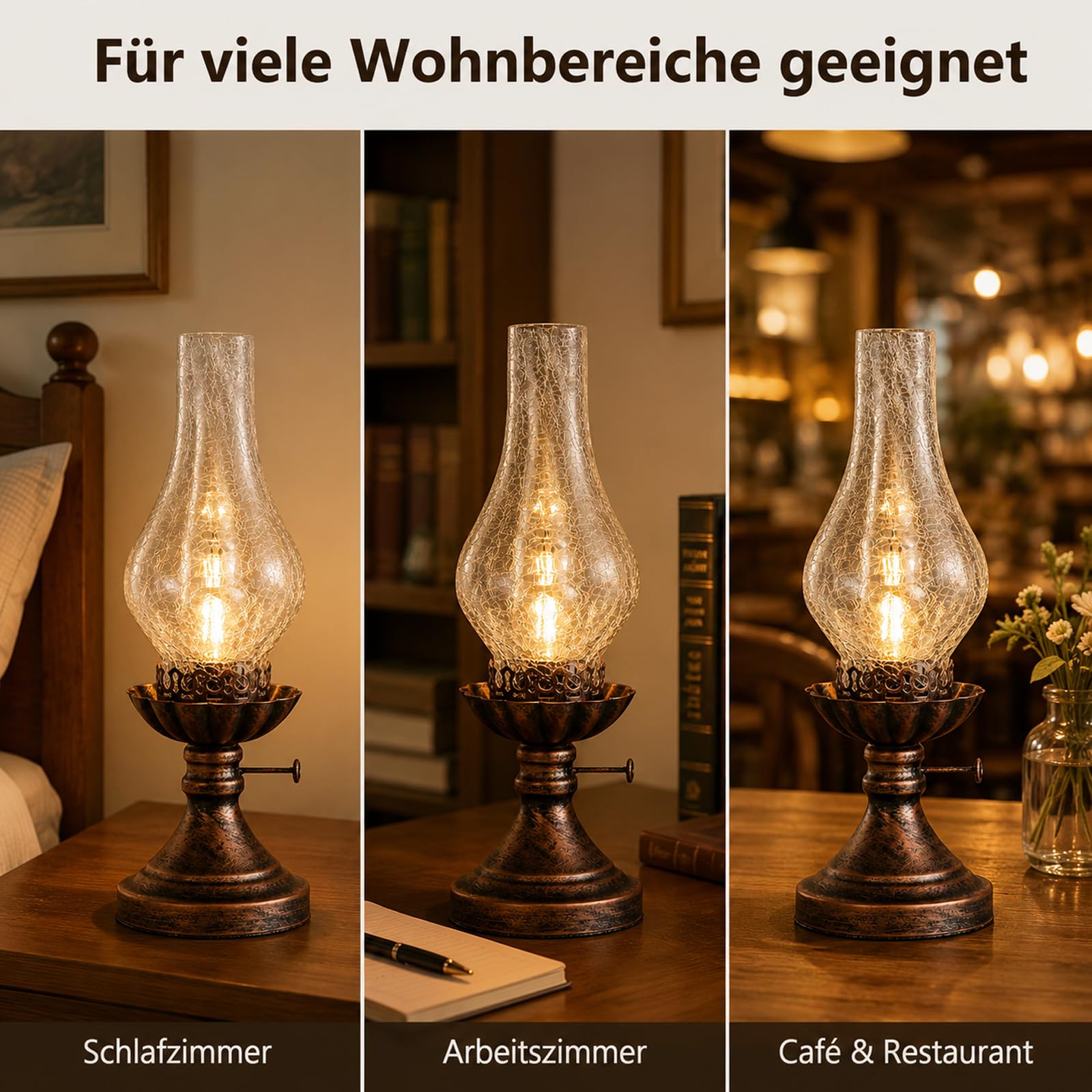 LANMOU Tischlampe Vintage im Petroleumlook, Riss Glas Schirm | E27 Elektrische Retro Petroleumlampe Nostalgische Nachttischlampe im Öllampen-Design, 110 - 240 V, H 40cm