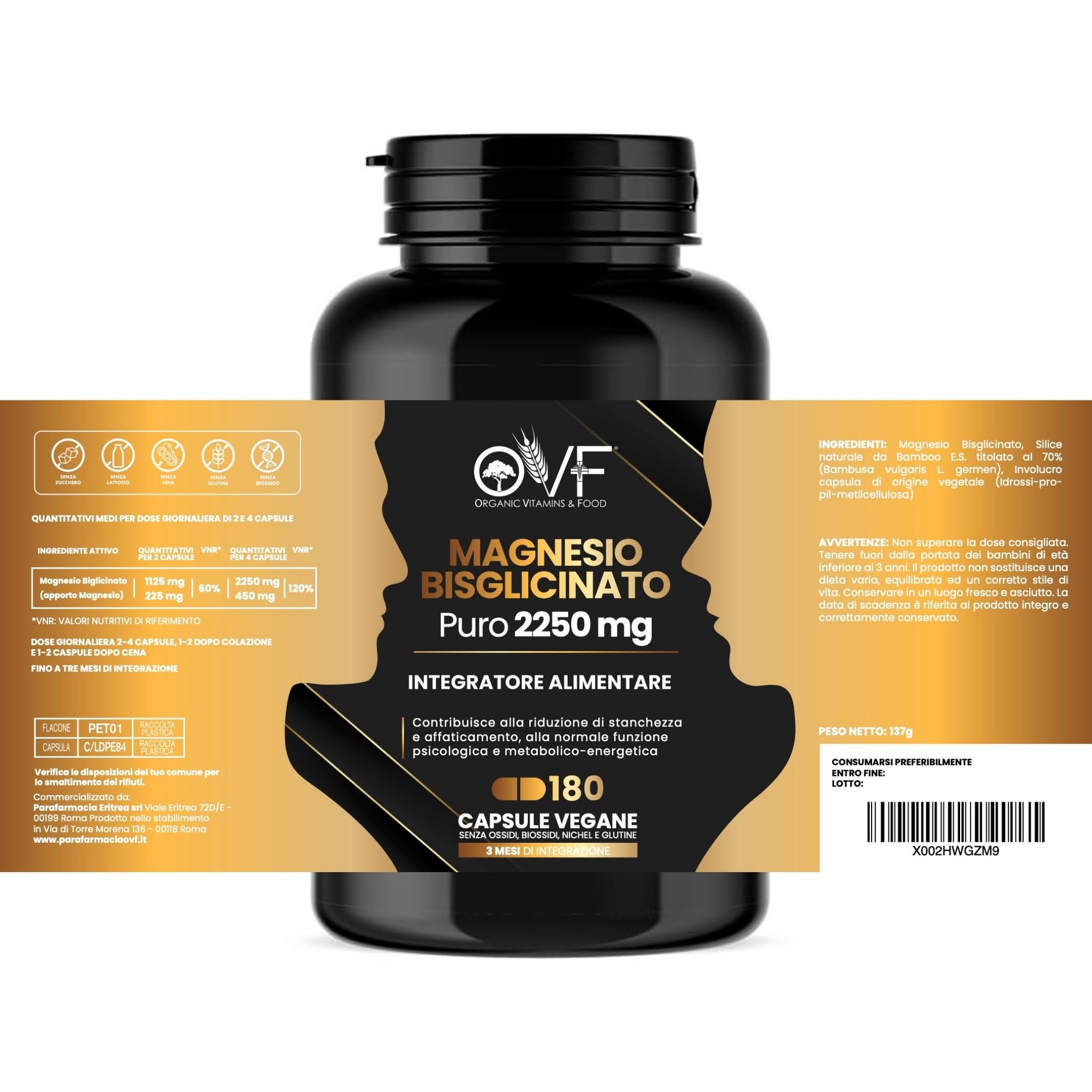 MAGNESIO BISGLICINATO PURO 180 Capsule da 450 mg | 3 Mesi di Integrazione | Supporto per Muscoli e Sonno Integratori Stanchezza Puro Alta Biodisponibilità Vegano