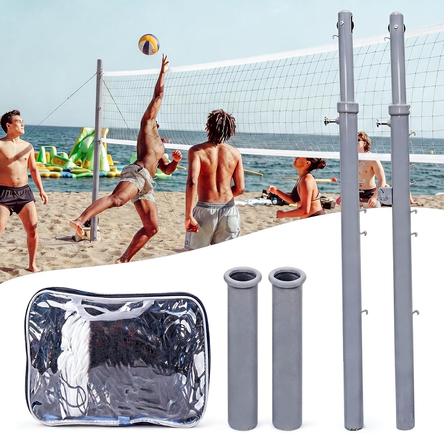 Rete da pallavolo regolabile con 6 pali in acciaio per interni ed esterni