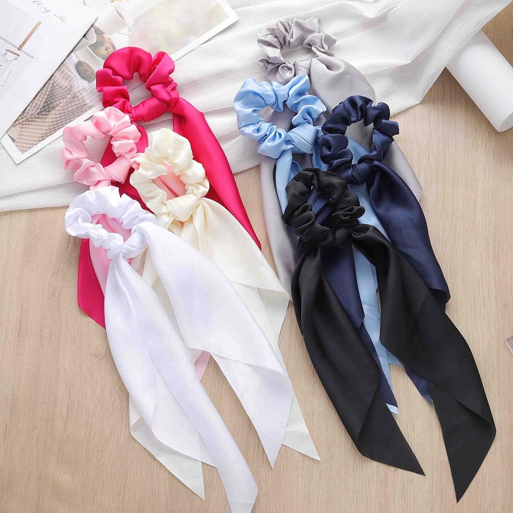 Hair Scarf Scrunchies for Women Satin Hair Ties Long Ribbon Ponytail Holders Bow Elastic Ties Beach Party Accessories for Women and Girls 8 Pcs (8 Color) - Image 7