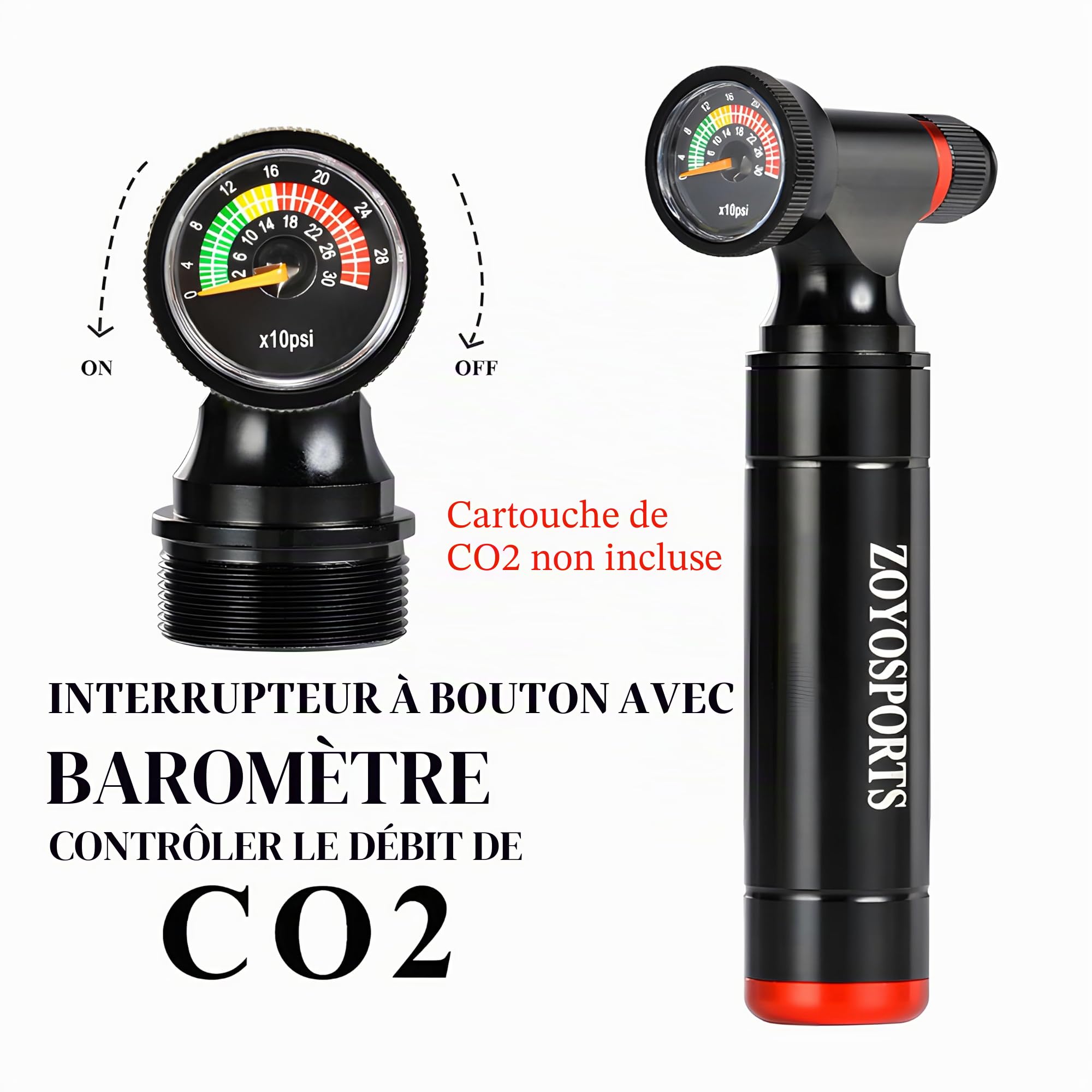 ZOYOSPORTS Pompe à CO2 à avec manomètre transparent en alliage d'aluminium pour vélo Mini Cyclisme Gonfleur de CO2