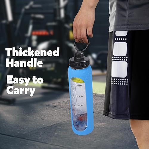 Miniatura 7 de GIEMIT Botellas de agua de vidrio de 32 onzas con funda de silicona, botellas de hidratación para beber, reutilizables, borosilicato, boca ancha,