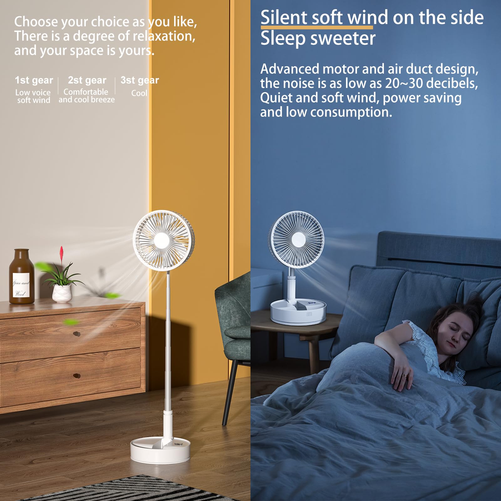 Ventilador oscilante plegable portátil con control remoto, ventilador de pie USB recargable de 7200 mAh, ventilador de mesa silencioso de 8 pulgadas con 3 velocidades, función de 5