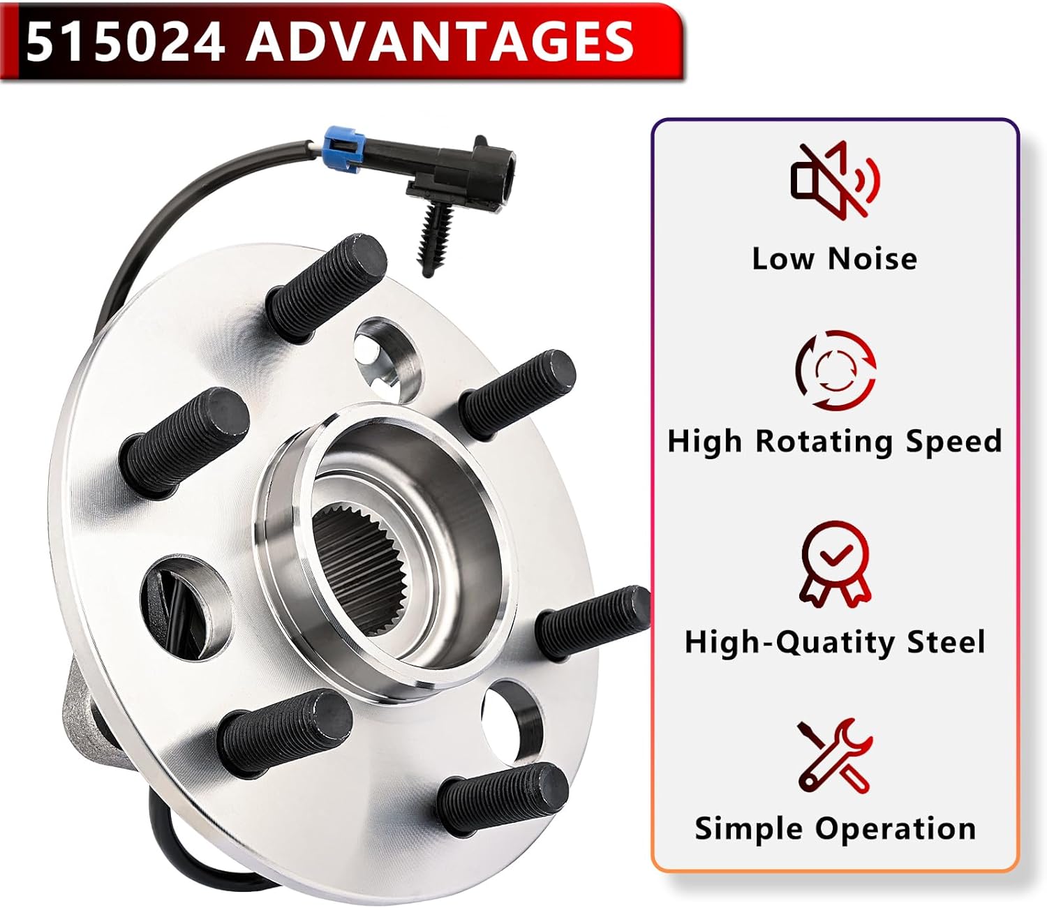 4WD 515024 Front Wheel Bearing Hub Assembly for 1995-2000 Chevy Tahoe, for GMC Yukon, for 1995-1999 K1500 (Suburban), for 1995 K2500 (Suburban), for 1999-2000 Cadillac Escalade, 6-Lug w/ABS