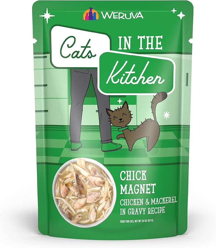 Ração úmida para gatos Weruva Cats in the Kitchen Chick Magnet com frango e cavala ao molho, Pacote com 12 sachês de 85 g