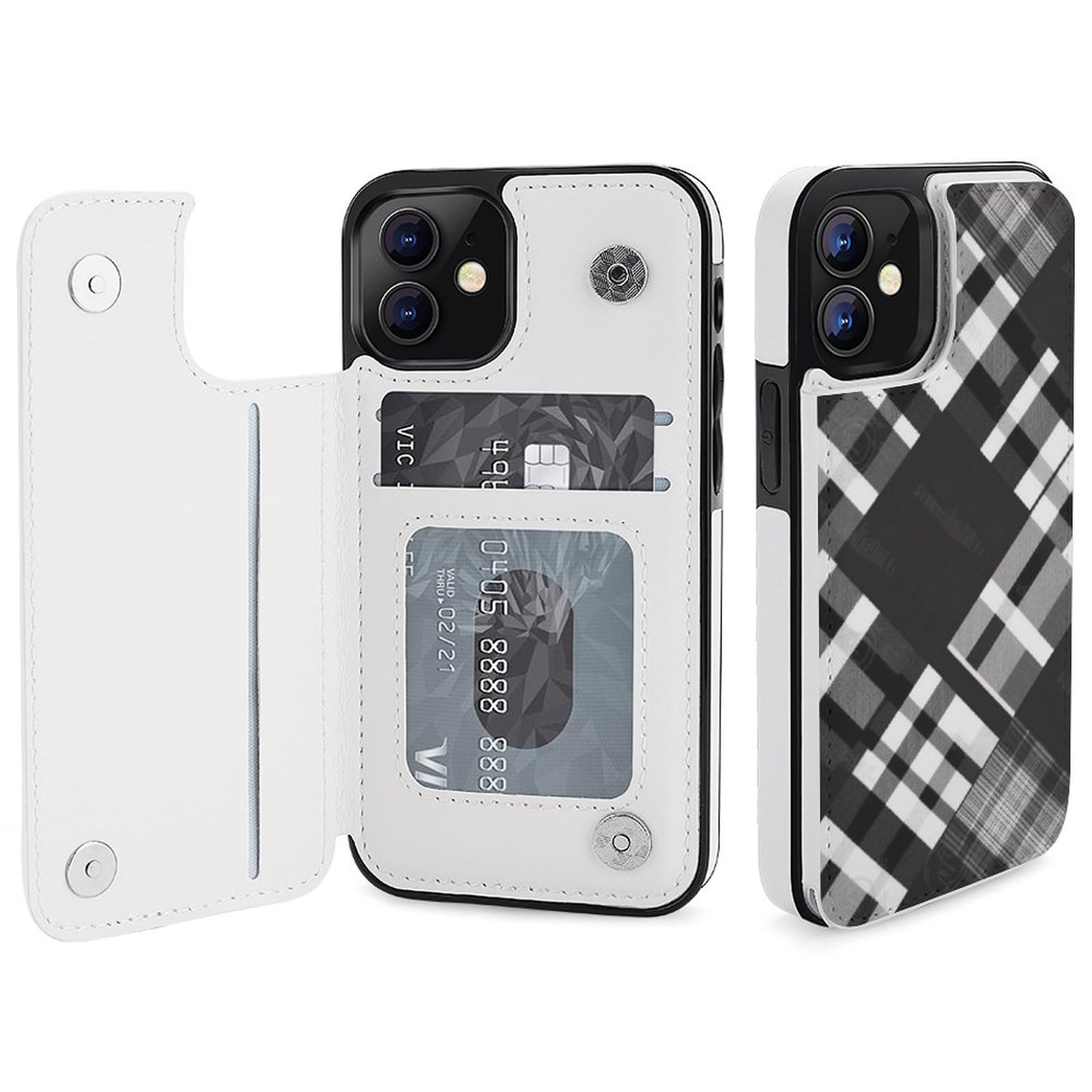 Fundas tipo cartera para iPhone 12 Mini, estampado a cuadros en blanco y negro, funda de piel con ranuras para tarjetas