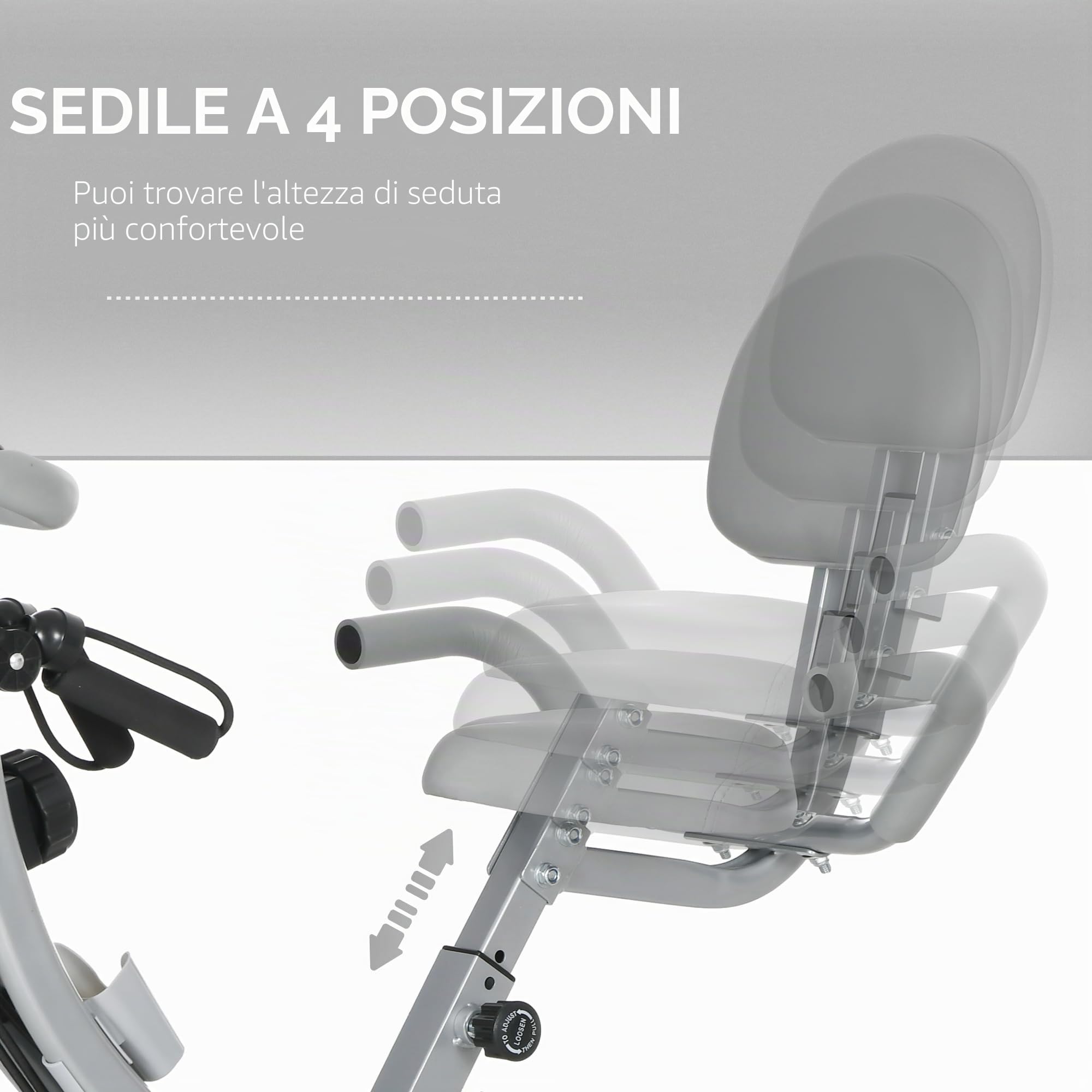 HOMCOM Cyclette pieghevole 4-in-1 magnetica ergometro LCD Grigio | Silenzioso, fasce di resistenza, palestra domestica, allenamento cardio, ruote, sedile comodo, Max 120 kg