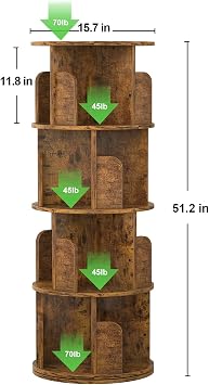 Aheaplus Rotating Bookshelf, Small Corner Bookshelf for Small Space, 360 Display 4 Tier Floor Standing Bookcase Storage Rack, Wood Narrow Book Shelf Organizer for Bedroom, Living Room, Rustic Brown