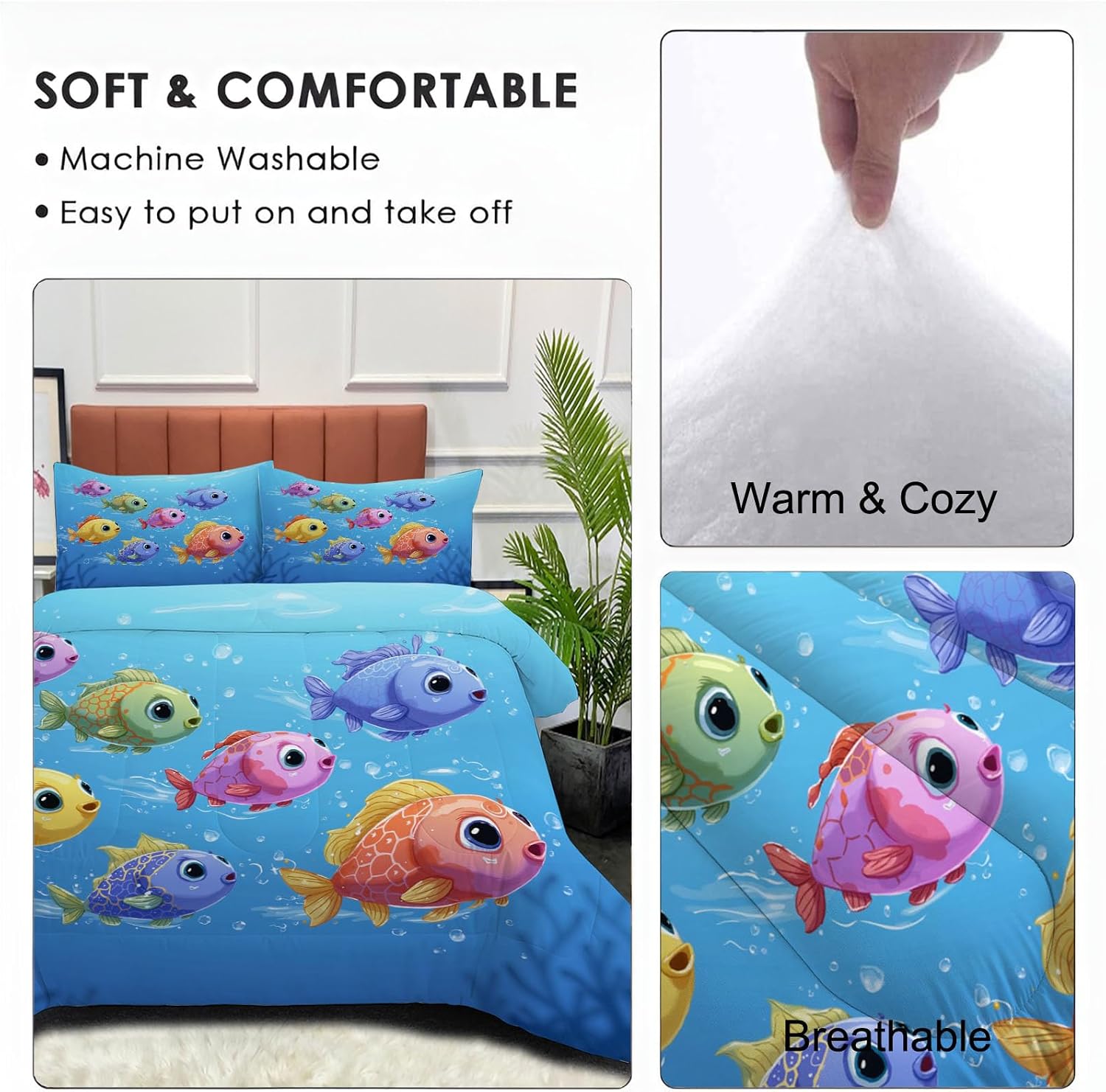 Cute Animals Comforter Set King Size, Cartoon Fish Print Breathable Bedding Set for Girls Boys Teens, Colorful Quilt Duvet with 2 Pillow Cases