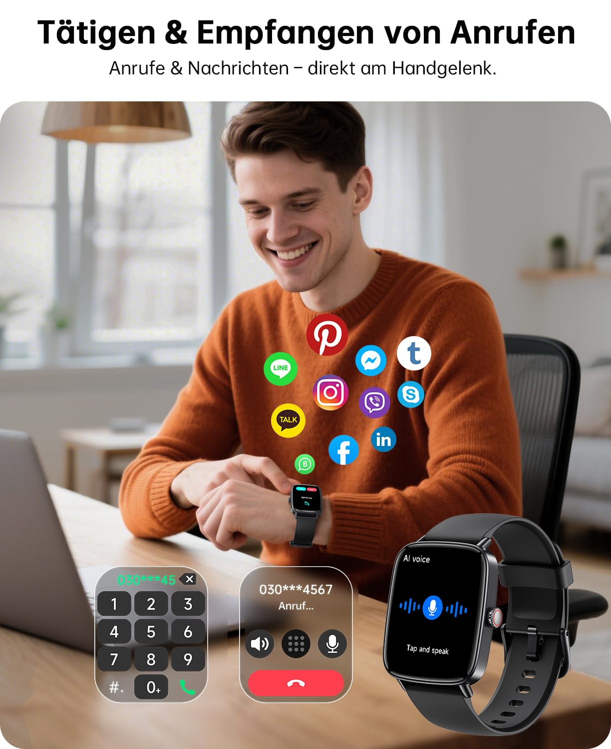 Gydom Smartwatch Herren mit Telefonfunktion 1.85" HD 2 Armbänder Fitnessuhr Fitness Tracker Herzfrequenz/SpO2/Schlafmonitor/IP68 Wasserdicht Sportuhr Schrittzähler Uhr für Samsung Android iOS Schwarz