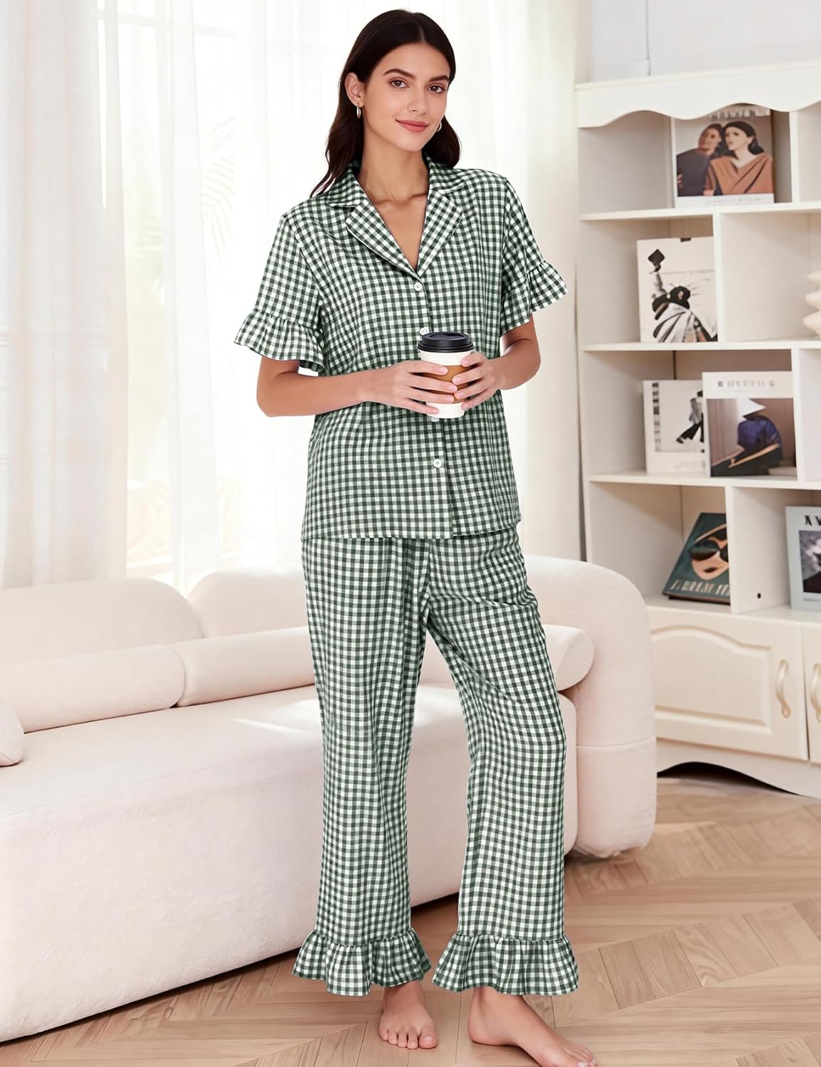 Flygo Womens Plaid Pajamas Sets 2 Piece Cotton Pj Set Ruffled Sleeve Button Down Shirt Gingham Pants Lounge Sets - Image 3
