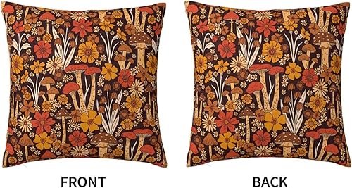 Miniatura 3 de Funda de almohada retro de los años 70 de terciopelo con hongos marrones y naranjas y flores, juego de funda de almohada para el hogar, cómoda