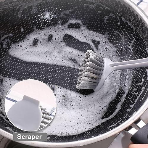 Miniatura 3 de TIAN CHEN Cepillo para limpiar platos, 2 piezas, cabeza redondatriangular, cerdas rígidas de mango largo con raspador para fregadero, sartén, olla,