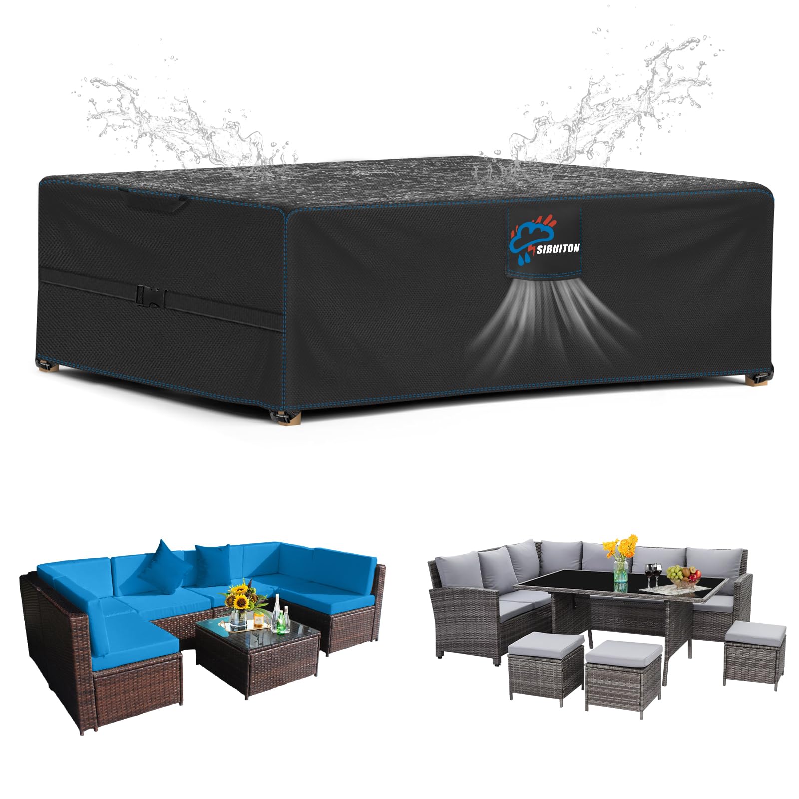 SIRUITON Coperture per Mobili da Giardino, Tessuto Oxford 420D Resistente, Impermeabile, Antivento, Anti-UV, Copertura per Tavolo Esterno con Sfiato d'Aria, rettangolare (242×162×100cm) - Nero