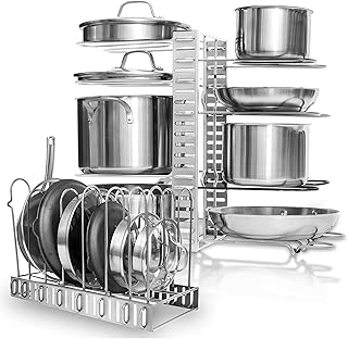 Pot Rack Organizer - Adjustable Height and Position Pan and Pot Stacker - Kitchen Counter and Cabinet Pan Organizer - Shelf Rack/Pot Lid Holder with 3 DIY Methods - Silver