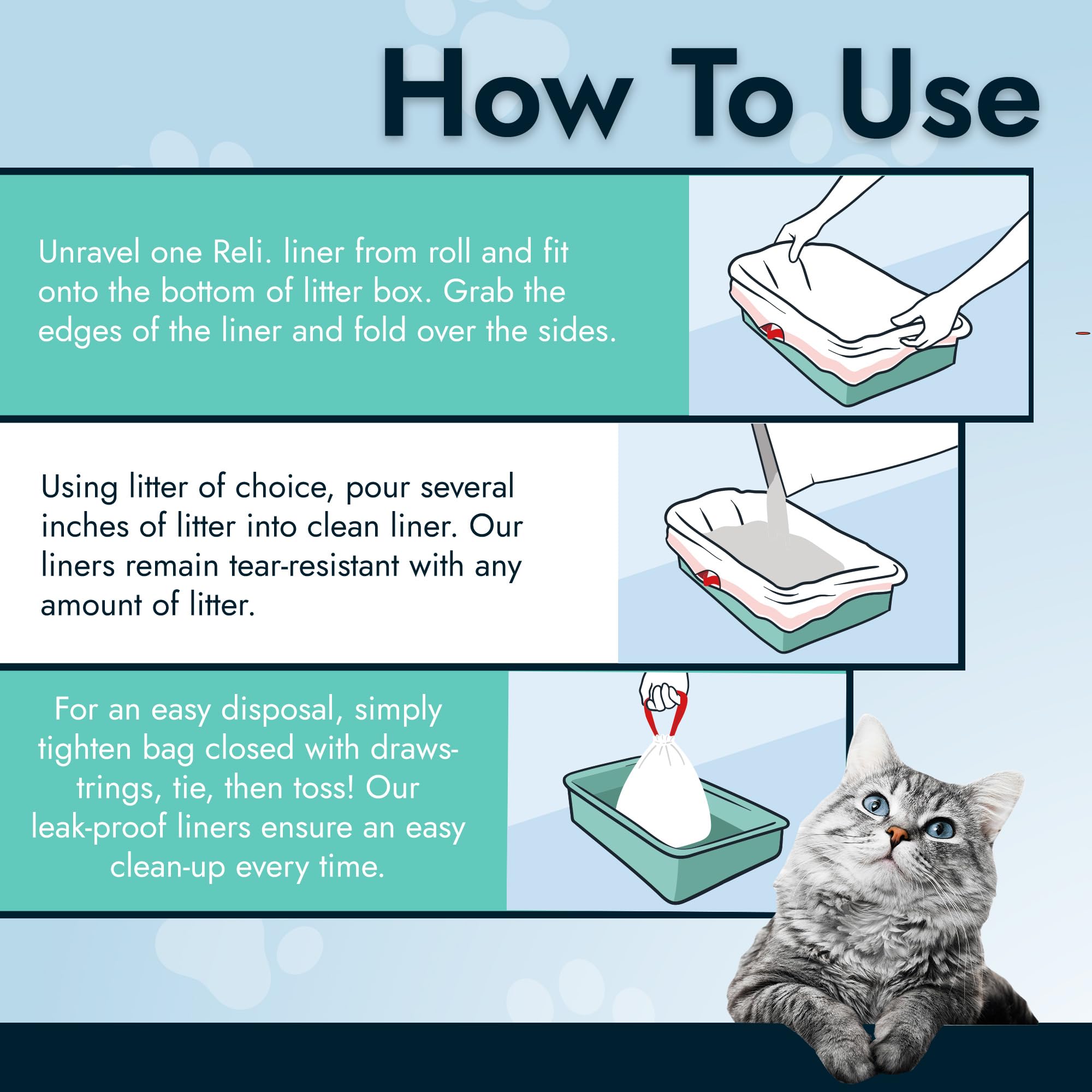 Reli. Bolsas de arena para gatos (36 unidades), jumbo | Forro de caja de arena con cordón | Bolsas de arena para gatos resistentes para bandeja de arena, residuos de gatos | Revestimientos de caja de