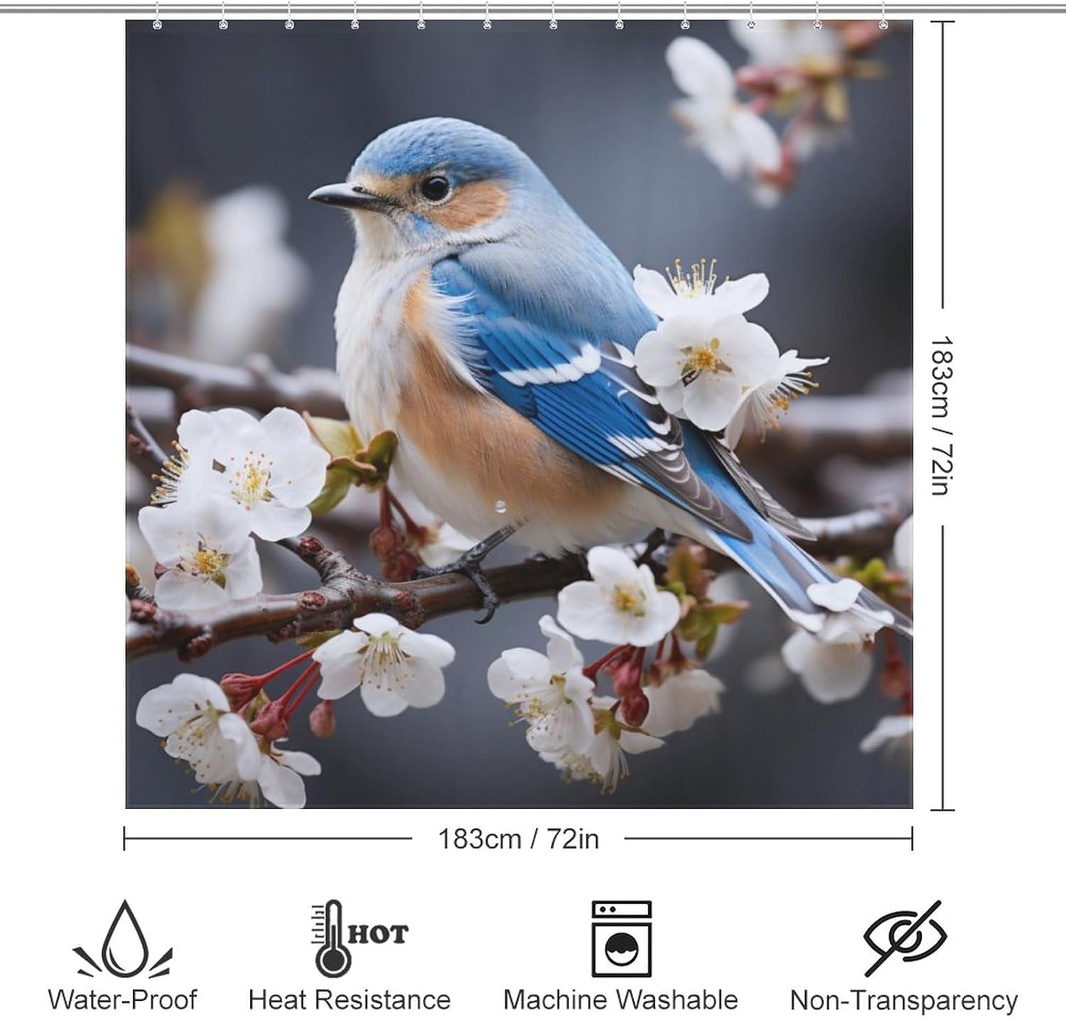 Blue Bird Shower Curtain for Bathroom, White Flower Cute Animals Boho Shower Curtain Set, Abstract Fabric Modern Waterproof Bathroom Decor with 12 Hooks 72x72in YLATY6186
