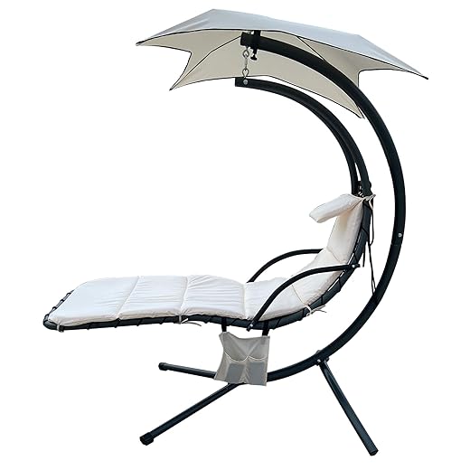 BalanceFrom Hanging Curved Chaise Lounge Chair Swing with Cushion, Pillow, Canopy, Stand and Storage Pouch, 330-Pound Capacity, Beige, Model Number: BFHC-STL2
