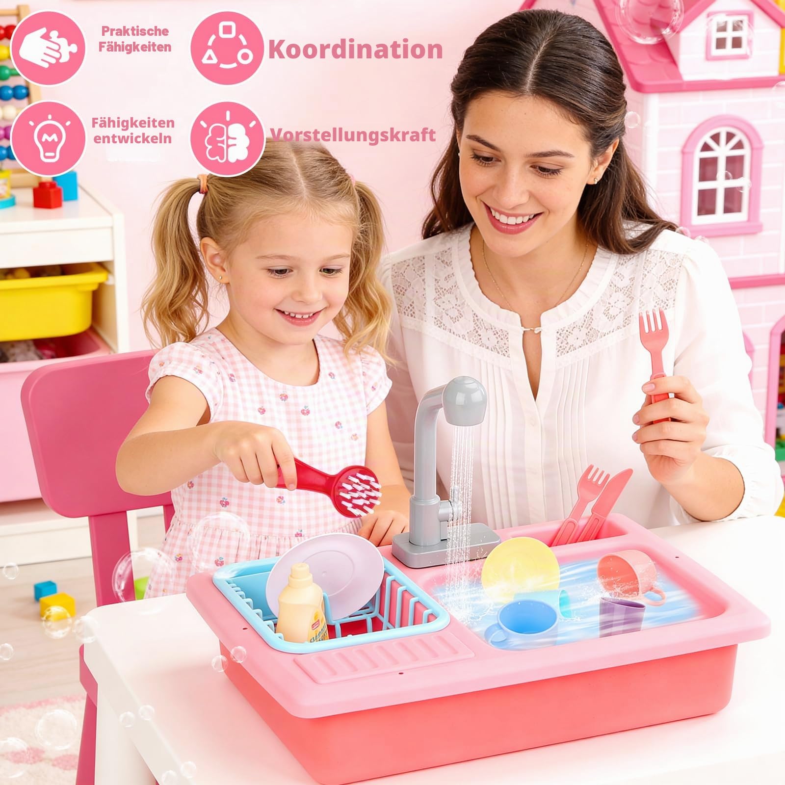 deAO Kinderspielset Pretend Kitchen Sink mit simuliertem Wasserhahn und enthaltenem Küchenzubehör - Rot
