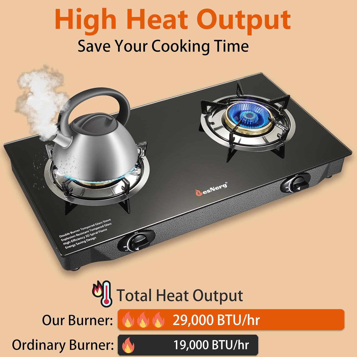 Propane Stove 2 Burner Gas Stove, 28800 BTU High-Efficiency Auto Ignition Tempered Glass LPG Cooktop with CSA Regulator and Hose – for Outdoor Camping, RV, and Emergency Cooking