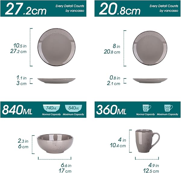 vancasso Navia Jardin Dinner Set, Stoneware Vintage Look Grey Dinnerware Tableware, 16 Pieces Dinner Service Set for 4, Including Dinner Plates, Dessert Plates, Cereal Bowls and Mugs - 2