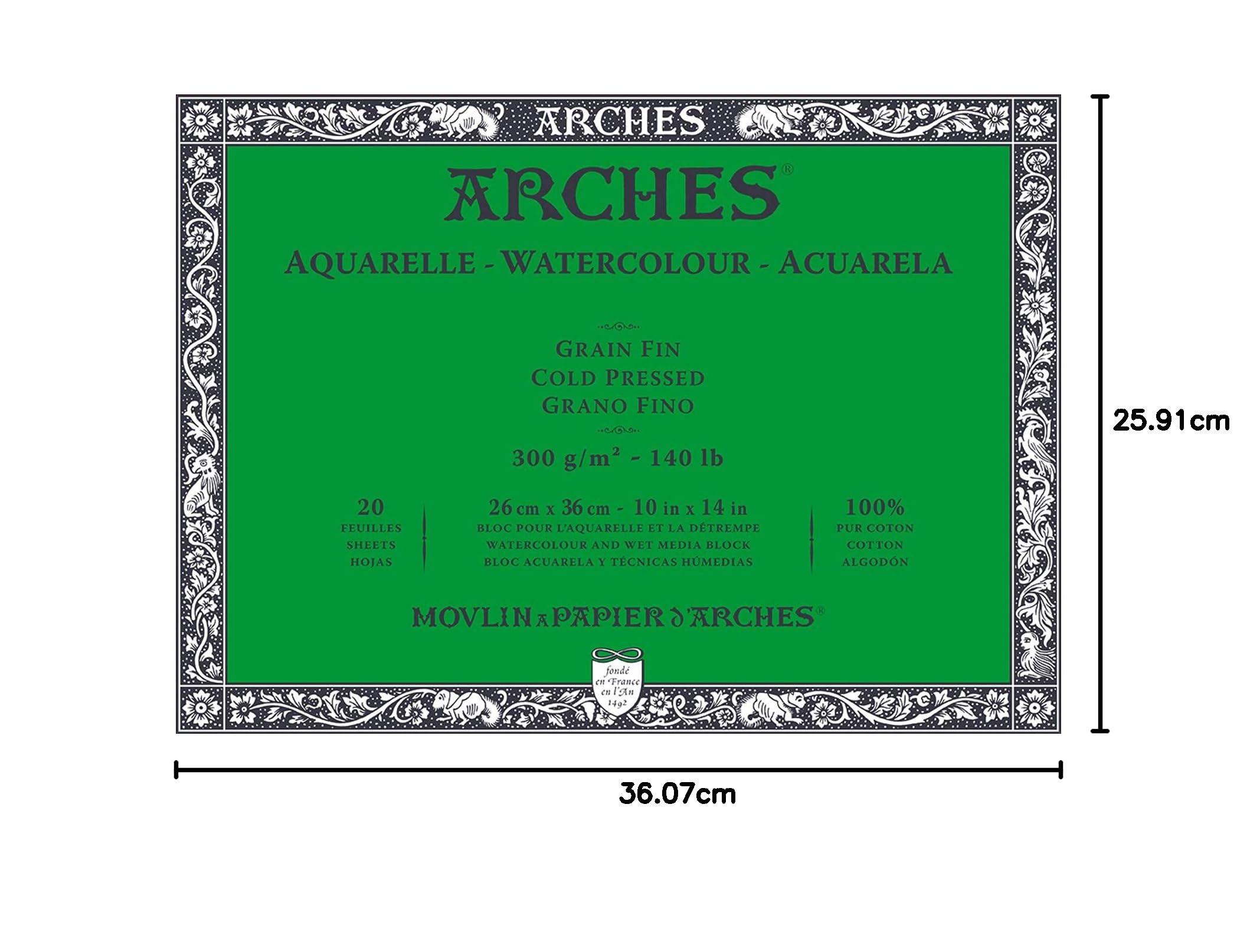 ARCHES Aquarelle – Block mit 20 Blatt 26 x 36 cm, 4 Seiten geleimt, 300 g/m², feine Körnung, naturweiß, 4 Kanten