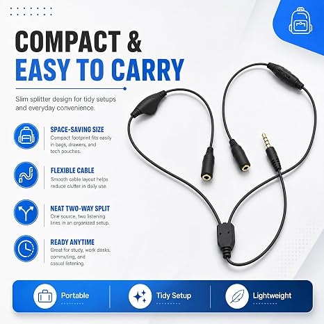 Earphone/Headphone Audio Jack Splitter With Separate Volume Controls - Works with Smartphones, Tablets, Laptops, HiFi, DVD, MP3 and MP4 Players - Audio 3.5mm Jack Y Shape Splitter - Black