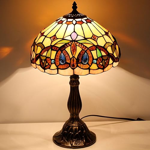 Miniatura 7 de WERFACTORY Lámpara de mesa estilo Tiffany con vitrales de serenidad victoriana, lámpara de noche de escritorio, luz de lectura, 12 x 12 x 18