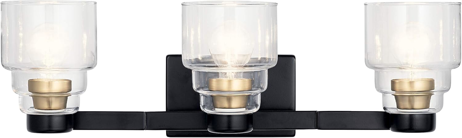 Crazy Clearance Kichler Vionnet 24 3 Light Vanity Light with Clear Glass in Black Limited Discount Kichler Vionnet 24 3 Light Vanity Light with Clear Glass in Black