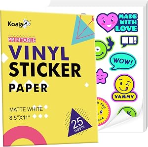 Koala Printable Vinyl Sticker Paper for Inkjet and Laser Printers, 25 Sheets Matte White Waterproof Sticker Paper, 8.5x11 Inch Sticker Printer Paper for Print Your Own Stickers