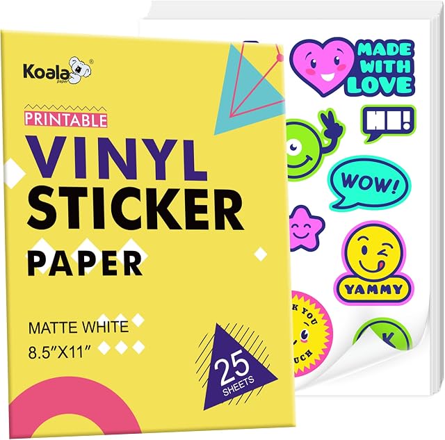 Koala Printable Papier adhésif en vinyle pour imprimantes jet d'encre et laser, 25 Feuilles papier autocollant blanc mat imperméable, papier d'impression 8.5x11 pouces pour imprimer vos propres stickers