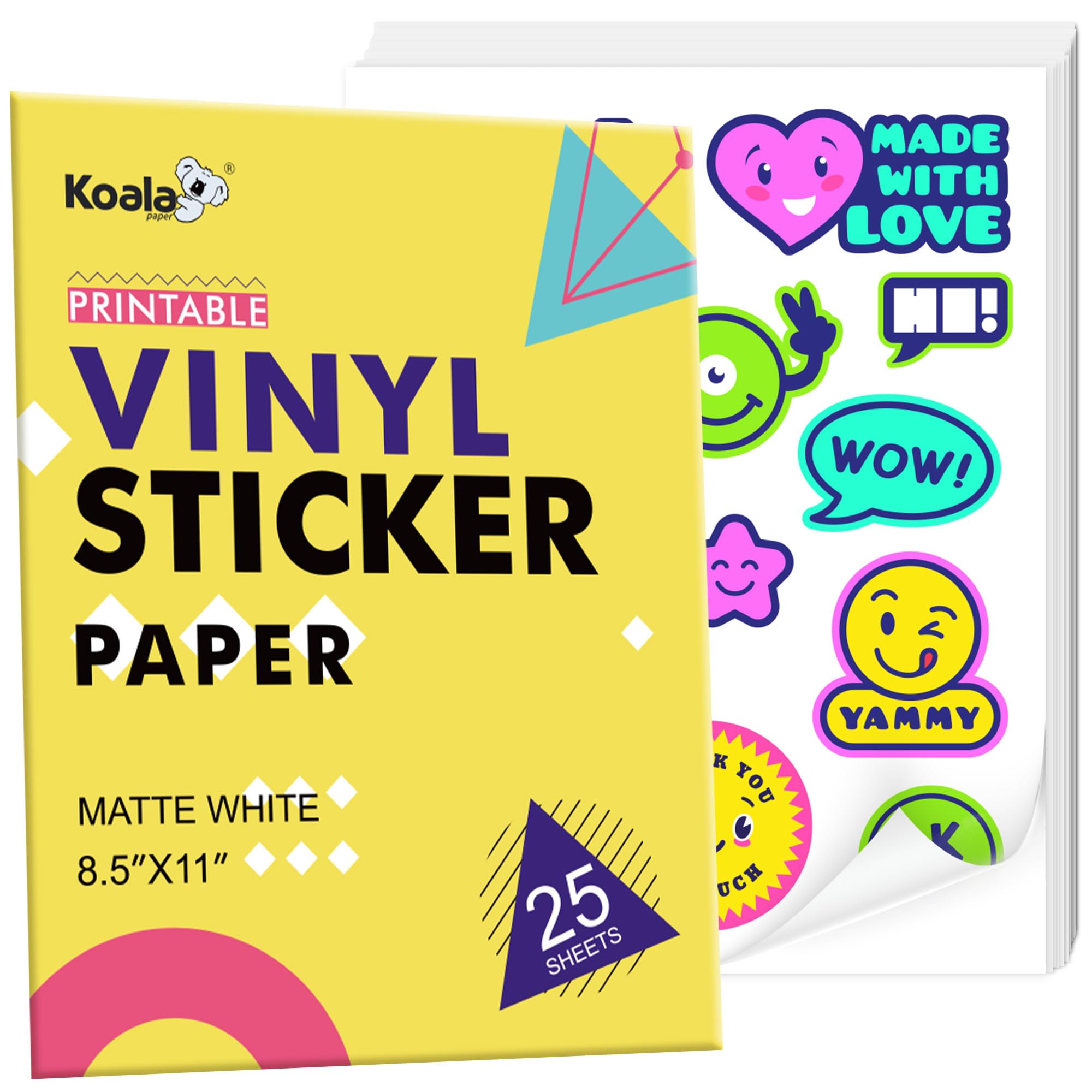 Koala Printable Vinyl Sticker Paper for Inkjet & Laser Printer - 25 Sheets Matte White Waterproof Sticker Paper, Fast Dry, Vivid Colors, Great for Cutting Machines