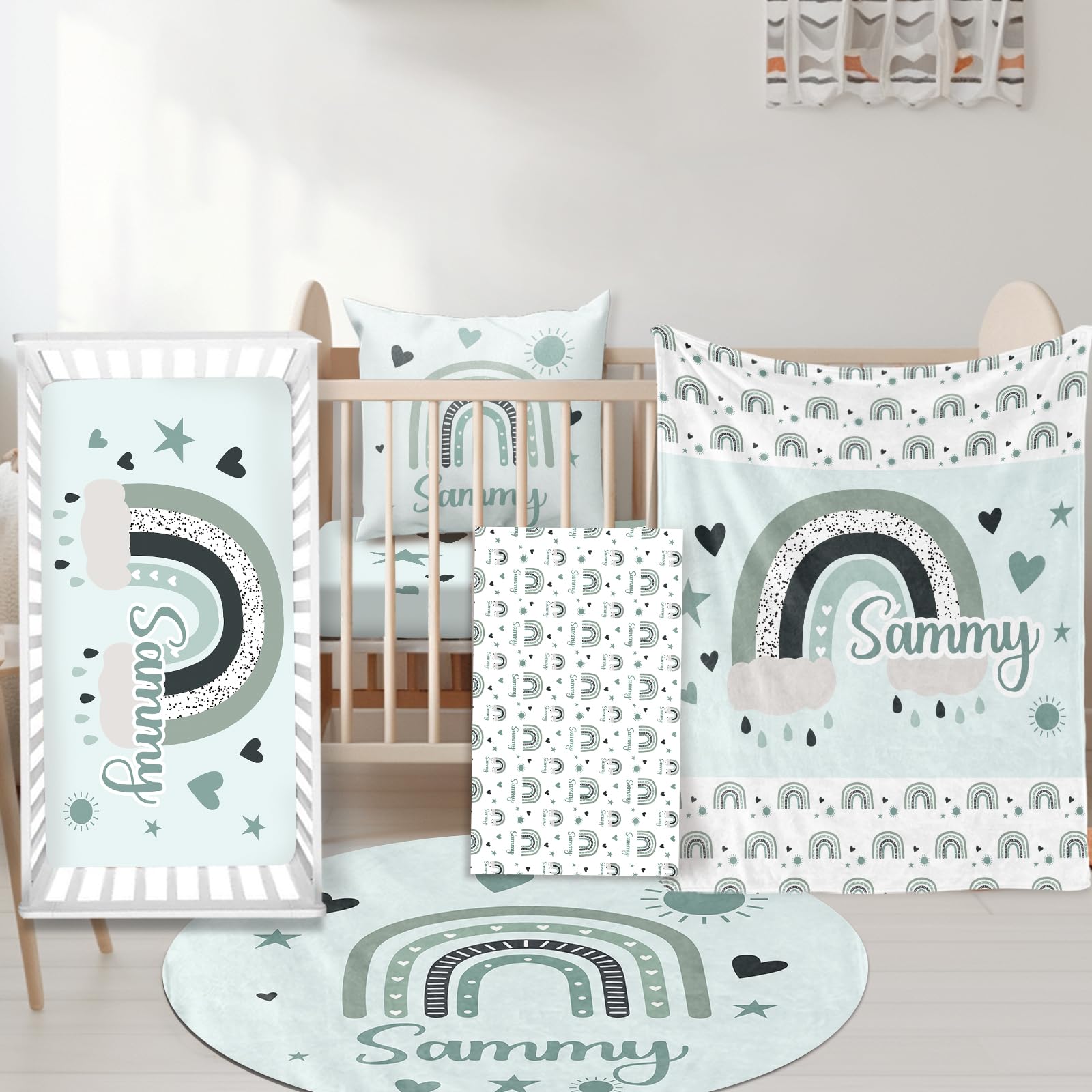 Juego de ropa de cama para cuna de bebé, 5 piezas, juego de cuna de guardería con bolas y diseño de arco iris, manta de bebé con nombre personalizado, sábana bajera para cuna, funda de