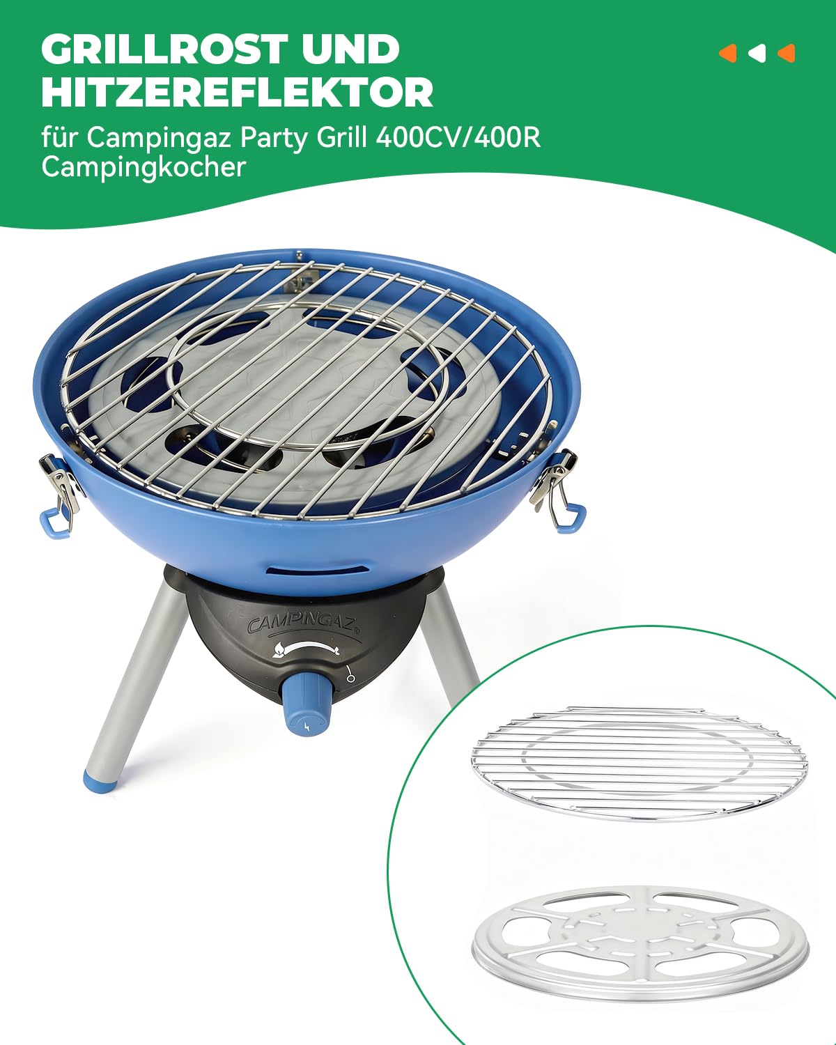 WELL GRILL Ruszt do grillowania ze stali nierdzewnej i reflektor ciepła do grilla Campingaz Party Grill 400 CV 400R, części zamienne, osłona termiczna BBQ i okrągłe ruszty do grilla kempingowego