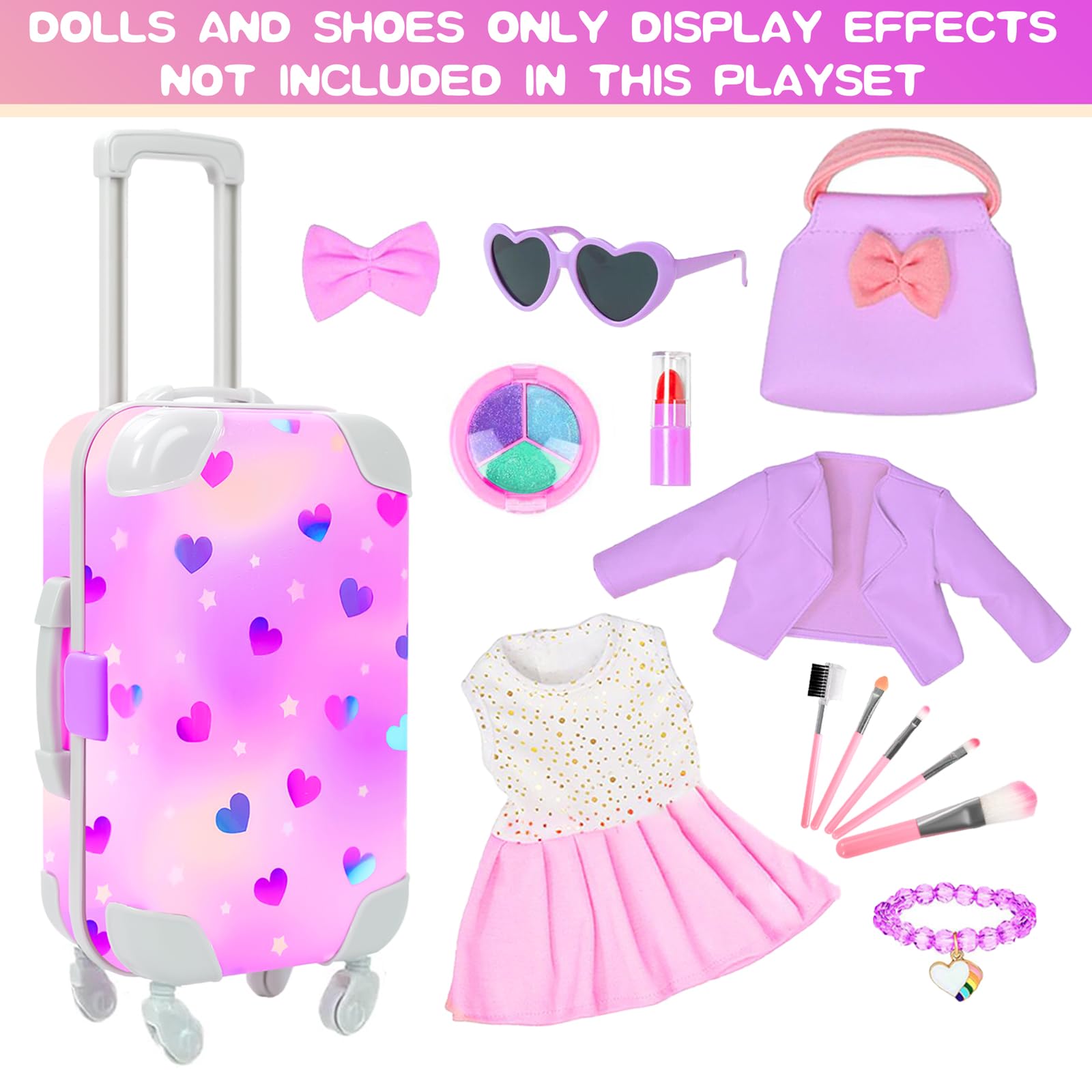 American - Estuche de accesorios para muñecas de 18 pulgadas, juego de maquillaje de viaje con ropa, bolsa de mano, gafas de sol, sombra de ojos, lápiz labial, horquilla, pulseras, cepillo de pestañas