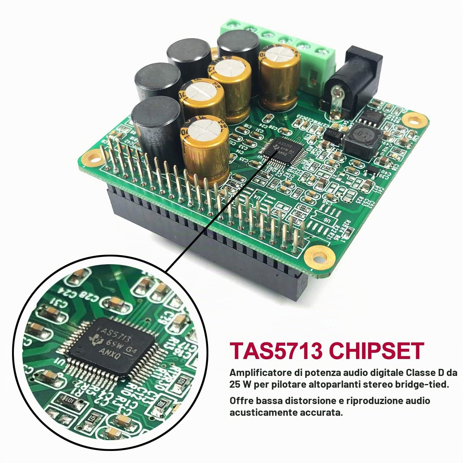InnoMaker RPI HiFi AMP HAT TAS5713 Amplificatore Modulo Audio 25W Classe D Scheda Audio di Potenza Scheda di Espansione per Raspberry Pi 5 4 3 B+ Pi Zero Condensatore Nichicon