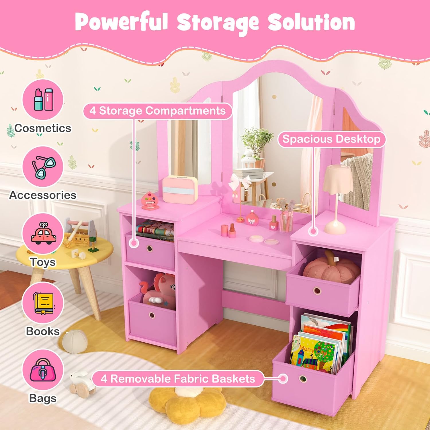 KOTEK Kids Vanity Table and Chair Set, 2 in 1 Wooden Princess Dressing Table with Tri-Folding Mirror & 4 Storage Bins, Toddler Makeup Vanity Set for Little Girls (Pink)