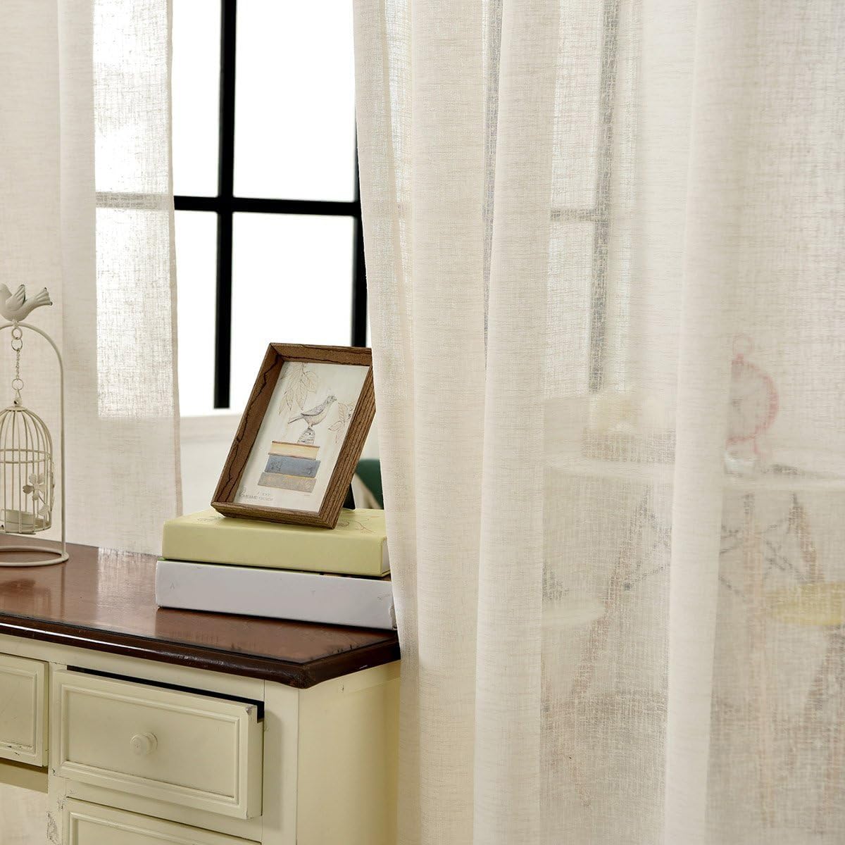 WOLTU 2er Set Gardinen transparent mit Kräuselband Vorhänge Leinenoptik Halbtransparent Voile Leinenvorhang Stores Fensterschal Dekoschal für Wohnzimmer Kinderzimmer Schlafzimmer, 140x245cm Creme
