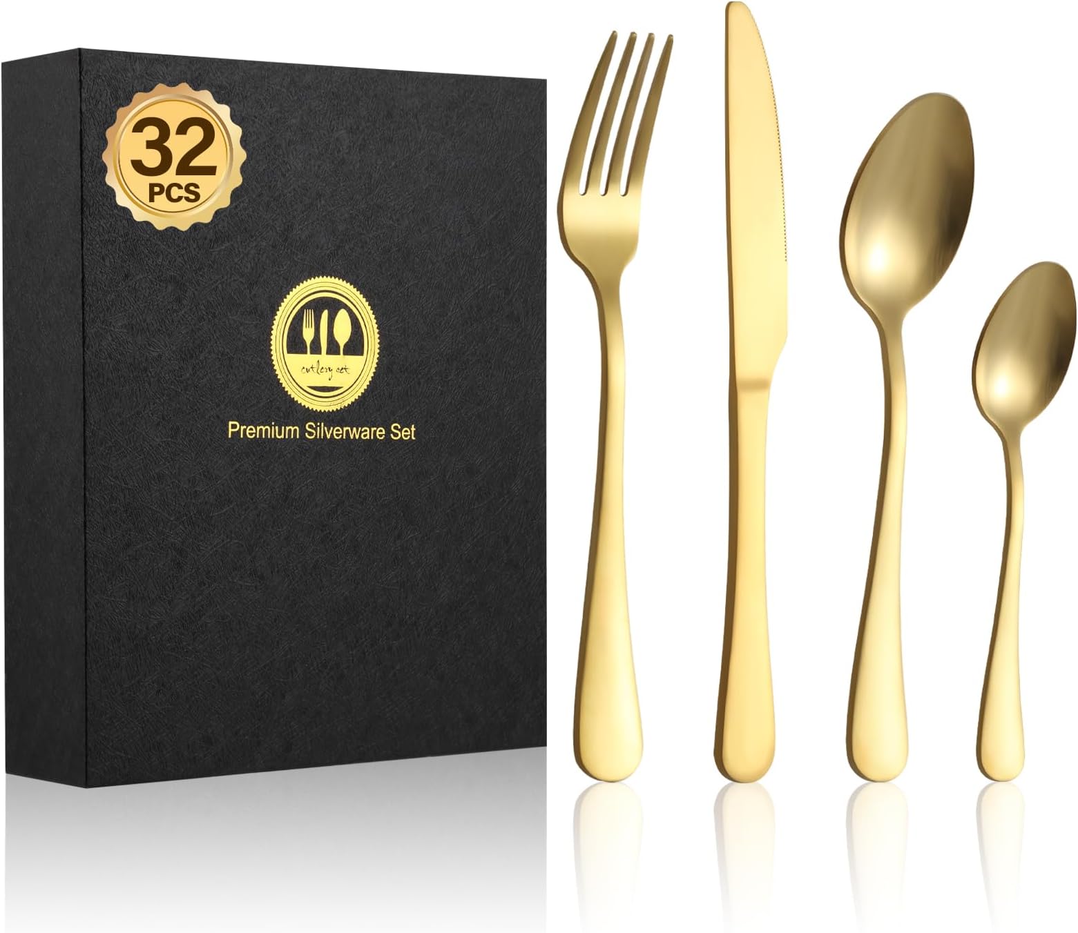 BEWOS 32-Piece Stainless Steel Cutlery Set, Matt Gold Knives and Forks, Service for 8, Spoon and Fork Set with Gift Box, Dishwasher Safe