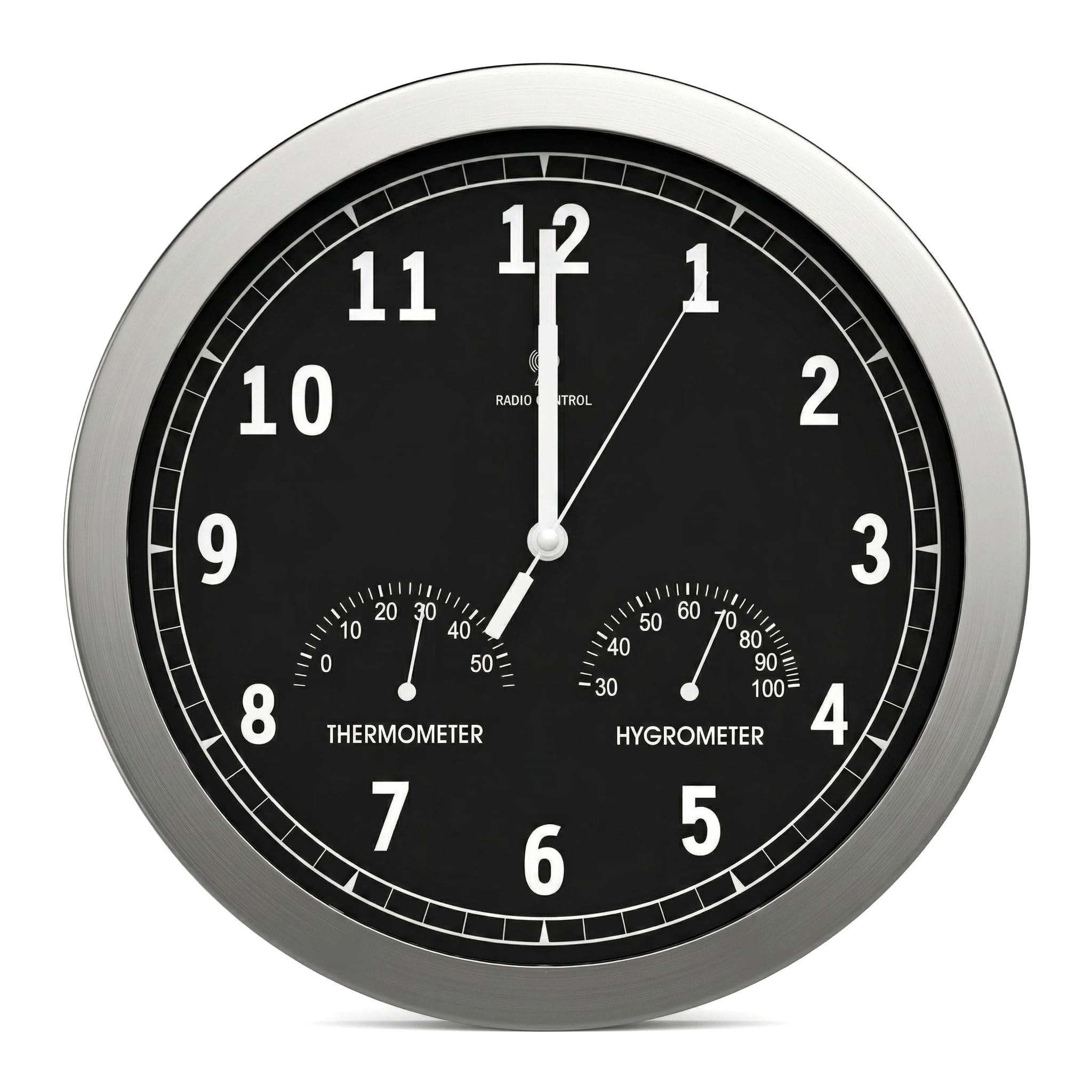bonVIVO Timerider Wanduhr mit Radio, präzise, leise, für Wohnzimmer, Küche, Büro, Wanduhr, Aluminium, mit integriertem Thermometer und Hygrometer – 30,5 cm