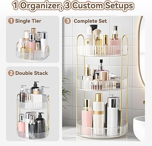 Miniatura 7 de Brothersbox Organizador de maquillaje giratorio para tocador, organizadores de perfumes de 3 niveles, organizadores de cuidado de la piel y