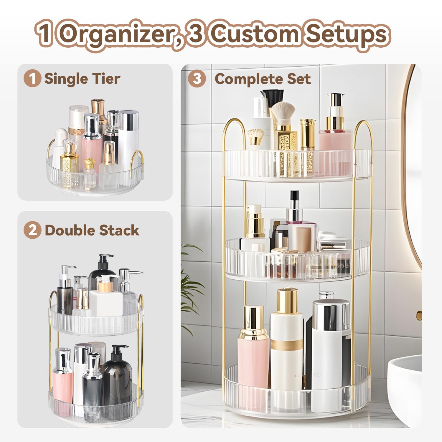 Brothersbox Obrotowy organizer do makijażu na toaletkę, 3-poziomowe organizery na perfumy, organizery do pielęgnacji skóry i przechowywanie na blat łazienkowy, spinningowy organizer kosmetyczny do