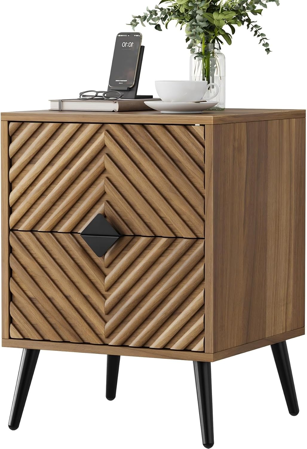 Nightstands, Walnut Night Stand with Diamond-Patterned Drawer Decor, Mid Century Modern Nightstand, Bedside Table with Diamond Handle, End Tables Bedroom with Metal Legs, Night Stand for Bedroom